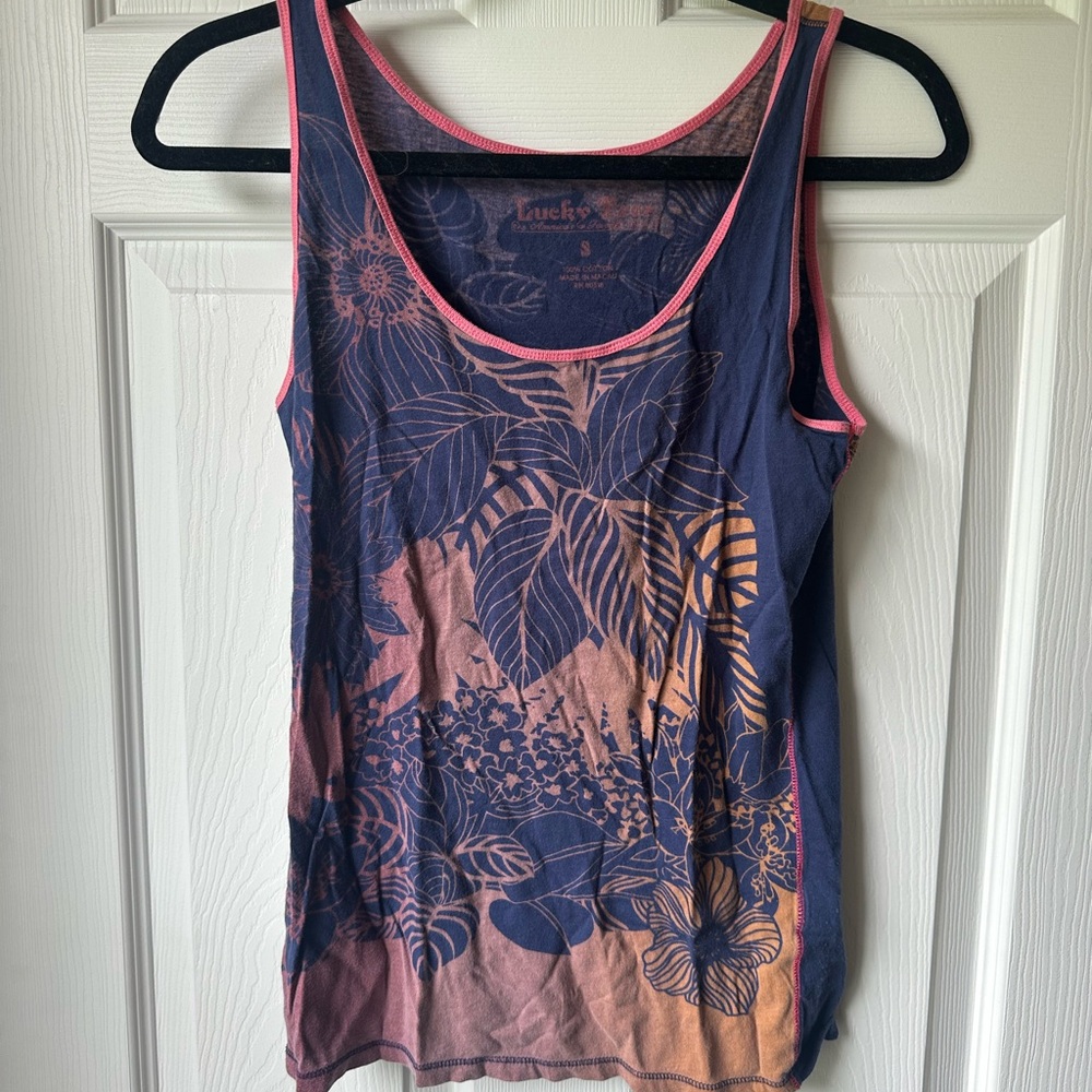 Lucky Brand Blue and Pink Sleeveless Printed Cotton Tank Top